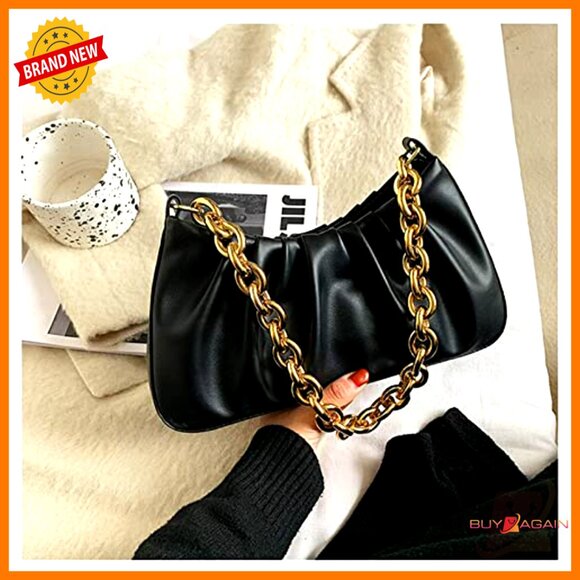 Small Leather Shoulder Bag with Gold Chain, Evening Clutch Purse
